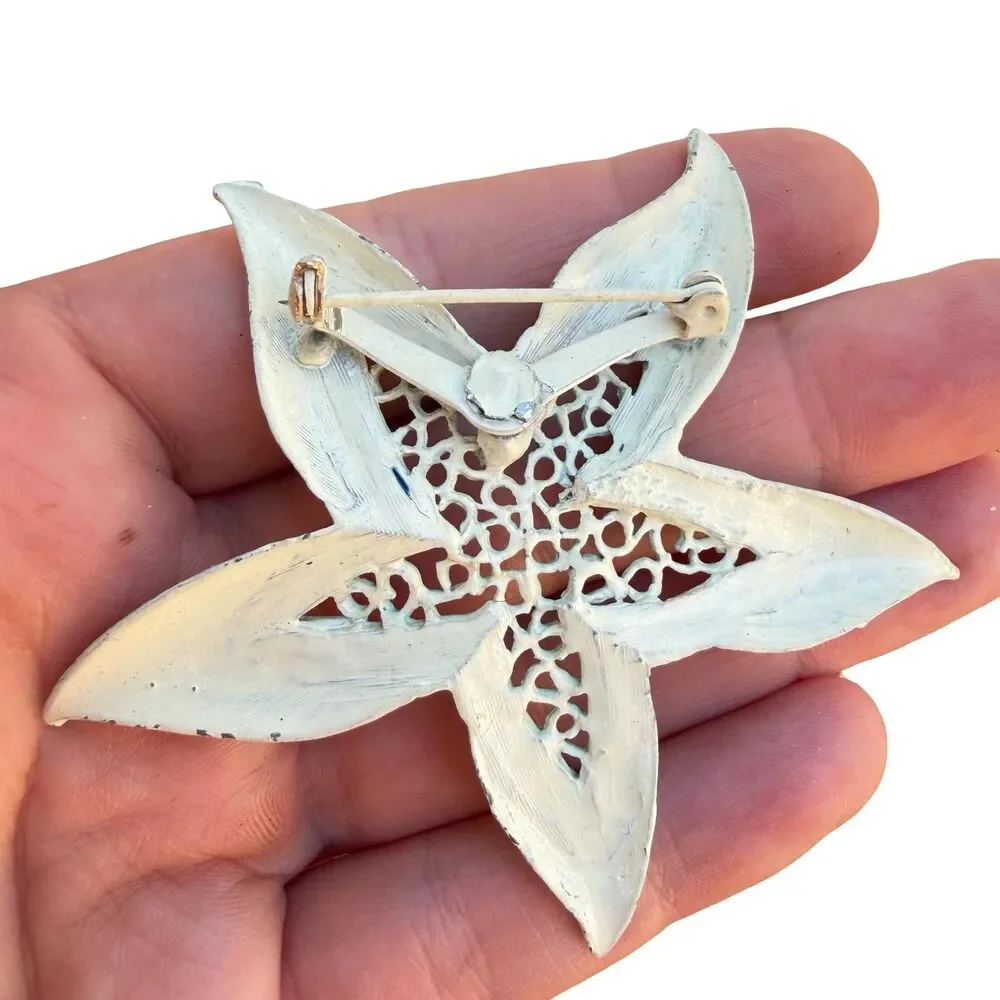 Vintage Enamel Starfish Brooch Blue Flower Pin